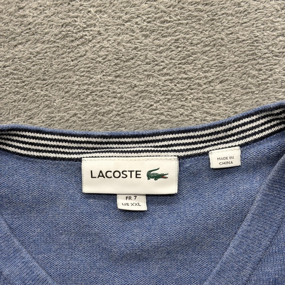 Lacoste Sweater Mens 2XL Blue V Neck Cotton Pullover Lightweight Logo Breathable - Picture 5 of 7